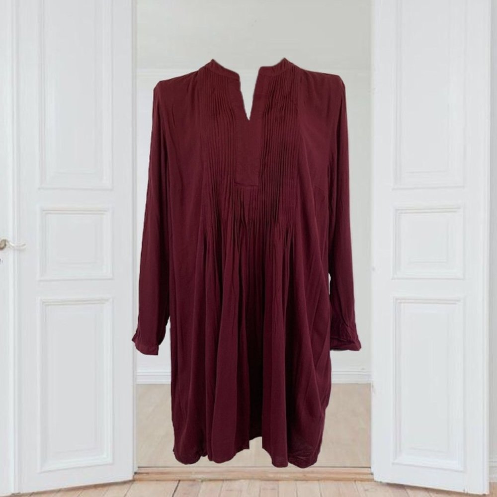 Old Navy Burgundy Long Sleeve Pleated Front Casual Midi Shirt Dress Women's XL